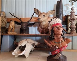 Cast iron stag , animal mounts, Indian items.. 