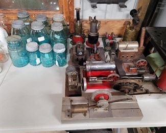 Steam engine parts,  blue Mason jars