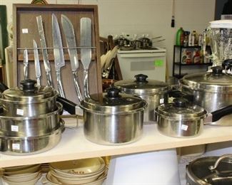 Lots of Saladmaster Pots and Pans, Cutlery Set, and Foor Processor