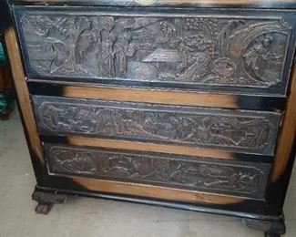  NEW Price  $780. Antique  lift top  chest with 2 drawers . carved top, front  and sides. Very unique Hand Carved !   size on next photos.    Mfg tag : Made in China.  Family bought from a shop in England and brought to USA around 1950s .   ( original asking $1,400.00  )