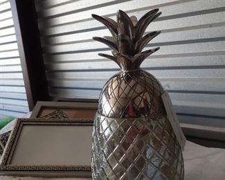  New Price  $12.00   LOT 30. Glass Pineapple decor aprx 13" hgt with added decorative picture frames  .