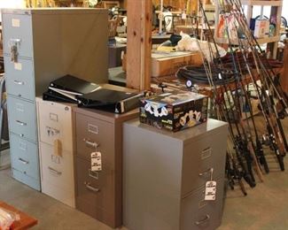 FOUR FILE CABINETS AND RODS AND REELS