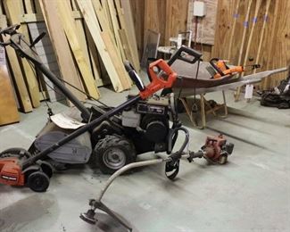 ELECTRIC TILLER, CRAFTSMAN GAS TILLER, WEED EATER, WHEEL BARROW, AND HEDGE TRIMER