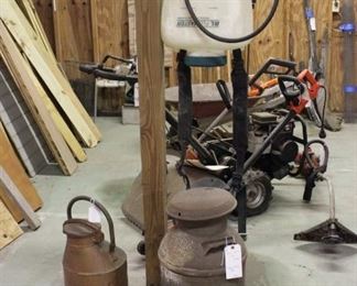 TWO VINTAGE MILK CONTAINERS, AND BACK PACK SPRAYER