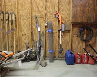 TIKI TORCHES, DRIFTWOOD, CORDLESS WEED EATER, PLASTIC GAS CANS