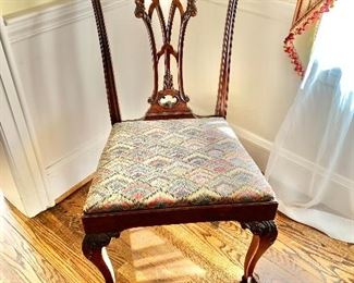 $295 - Pair of Chippendale style side chairs with front claw feet; AS IS - some sun fading on the back of the chairs - 39"H x 22 1/2" W x 20"D. Seat to height 19"H