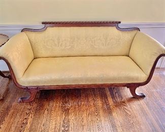 $350 - Vintage  Duncan Phyfe sofa with swan carving and claw foot legs. 71 1/2" W x 28"D. Height to seat 16"