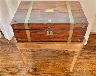$250 - Antique portable desk on stand with brass inlay -  18 1/2" H x 15 1/2"W x 10 1/2"D