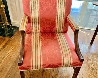 $120 - Vintage mahogany upholstered library chair;  39 1/2"H x 27"W x 29"D. Height to seat 17"    (AS IS - damage to legs)