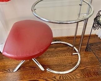$550 - Mid-Century Modern  after Eileen Gray Chrome Glass Adjustable Side Table, 1960s -  29 1/2"H x 20"D; $95 -  MCM Stool; 15 1/2" H x 21"W x 17"D. 