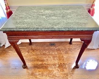 $375 - Vintage mahogany marble top table; 32"H x 39 1/2" W x 24 1/2"D