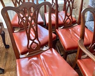 $950 -  Set of Marlboro Manor fine furniture by SACKS. Mahogany Chippendale dining chairs with leather seats and nailhead trim. Total of 8 : 6 side chairs, 2 arm chairs. 38 1/2" H x 21"D x 21"W. Seat to height 18 1/2"