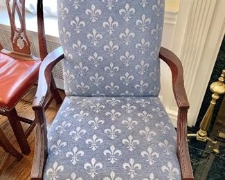 $140 - Blue Fleur De Lis velvet upholstered arm chair; 43"H x 26 1/2"W x 26"D. Height to seat 19"