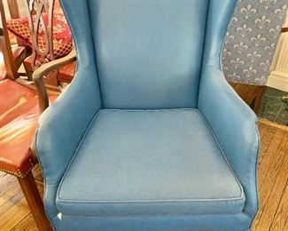 $120 - Vintage Queen Anne style blue vinyl upholstered wingback chair (AS IS); 43"H x 27"W x 21"D. Height to seat 20 1/2". Note damage - have photos 