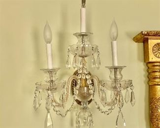 $350 - Pair crystal chandelier style wall sconces; 22"H x 14"W x 9"D .Tested and working. $40 additional removal fee 