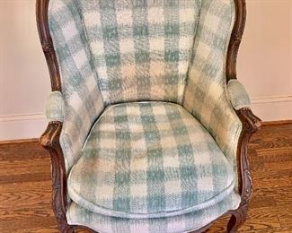 $120 - Vintage upholstered arm chair; 39 1/4"H x 25"W x 30"D. Height to seat 19".  Wear consistent with use and age.