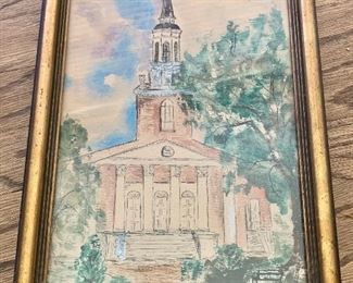 $40 - Original watercolor of church; 20th century; artist unknown; 13"H x 10"W 