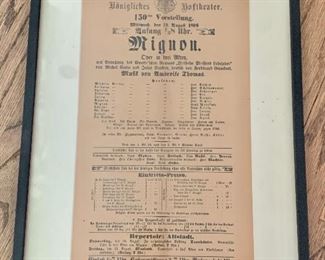 $90 - Original antique advertising poster for the opera "Mignon"; printed in German; Framed under glass, good condition; Framed size 19 3/4"H x 13 3/4"W