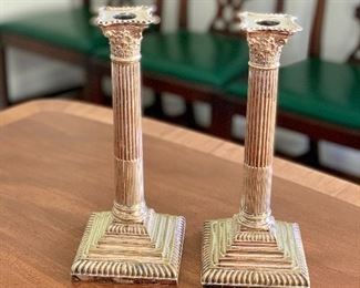 $120 - PAIR HE & Co. (Hawksworth & Eyre & Co) 19th Century silver-plate  Neo-classical corinthian column candlesticks; 9"H x 4 1/2" square base 