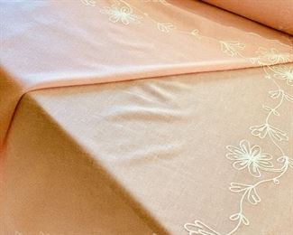 $40 - Vintage pink embroidered Swiss made polyester and linen tablecloth #2; 124"L x 66"W 