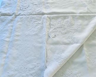 $80 - Embroidered white linen tablecloth #4; 84"L x 66"W