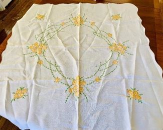 $20- 40" x 40" yellow floral embroidered tablecloth #6