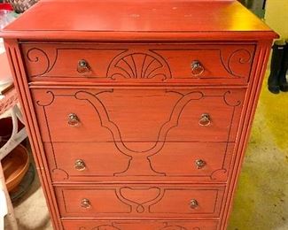 $225 - Vintage red dresser; 49 1/2"H x 31 1/2"W x 16 1/2"D 