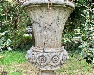 $125 - Cement urn (heavy);  30"H x 17" diameter -AS IS - cracks throughout 