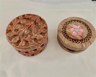 $10 each -  Stone trinket boxes; Box on right  #1; 2"H x 3 1/4" diameter. Box on left #2; 1 1/4"H x 3 1/4" diameter 