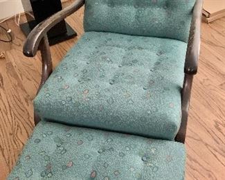 $150 - Vintage upholstered  chair with matching  ottoman; Chair 35"H x 24 1/2"W x 24"D.  Height to seat 18 1/2". Ottoman 14 1/2"H x 22"W x 13 1/2"D.  Condition consistent with age and use.  