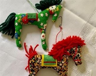 $20 - Set of two handmade calico horse ornament; approx 3" hight