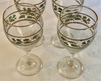 $20 - Set of 4 "Holly Ribbons" wine glasses; 7 1/2"H 