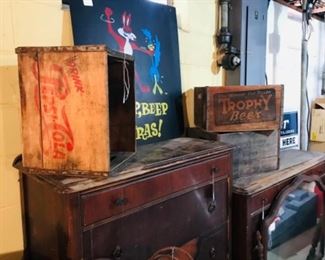 vintage dressers, Road Runner semi-tire mud flaps, vintage Pepsi-Cola crate, vintage beer boxes