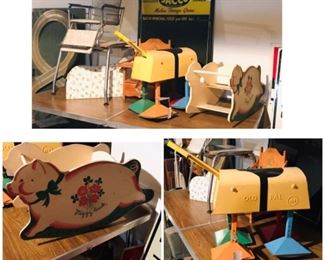 Very unusual vintage toys.  Old Pal riding metal horse and wood pig child rocking seat, vintage high chair