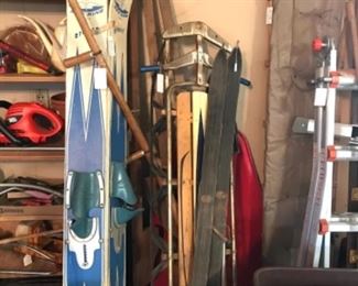 Vintage sled, water skies