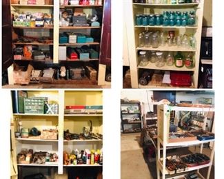 Lots of blue canning jars, tools, tins, tool boxes