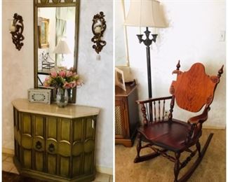 Hall entry cabinet with mirror. Vintage rocker/lamp