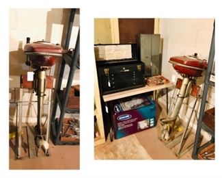 Vintage boat motor, unusual JCPenney tool box and a child’s tool chest