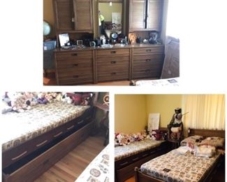 very nice dresser set, twin beds, can be bunk, and a trundle bed below