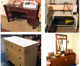 Library table, dressers, large Mangle ironing press