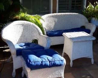 Wicker bench, peacock style chair w/ottoman & side table