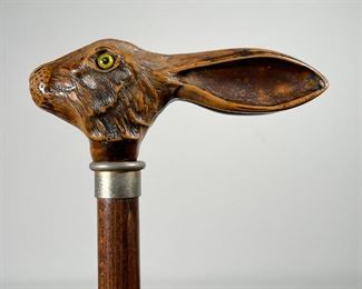 "JACK RABBIT" ANTIQUE CANE | Glass eyes with metal collar, 31 in. (cane), 5-1/2 in. (rabbit) 