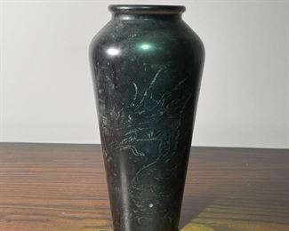 ACID ETCHED VASE | Metallic black with sinuous dragon, markings on bottom; 9-1/2 x dia. 5 in. 