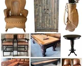 Wonderful Leather & Wood Furniture, Pool Table, Shuffleboard, Dining Set, Rustic Cabinet, Bar Stools, Cantoni Sofa, Patio Furniture, Plants, Woman’s Clothes & Shoes, Etc.