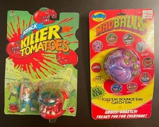 51	Attack of the Killer Tomates & Madballs Figures	1991 Mattel Attack of the Killer Tomatoes carded Chad & Tomacho; 1986 AmToy Madballs carded Fist Face.
