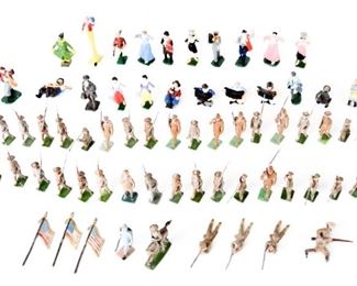 117	Grouping of Lead Toy Soldiers and Civilians	41 pre-war soldiers some with moveable arms. 20 lead painted civilians. 2 painted lead clowns. 3 loose American Flags. Britains among other companies. All in as-is condition.
