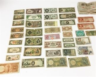 116	Large Group of Paper Currency	18 German 1910 1000 mark bank notes; French including 1946 50 francs note, 1949 10 francs note, 1944 2 francs note; Greek including 1941, 1947, 1950; Japanese and WWII Japanese government-issued including Philippines, Dutch East Indies. Creases, tears, wear.
