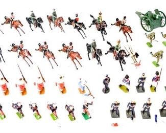 119	Britains Lead Toy Soldiers	Grouping of hand painted Britains soldiers. 5 Arabs of the Desert on foot from set No. 187 7 French Zouaves Charging from set No. 142 14 Various Mounted soldiers 21 Various foot soldiers Catalogue 9715 Gun of the Royal Artillery in Box
