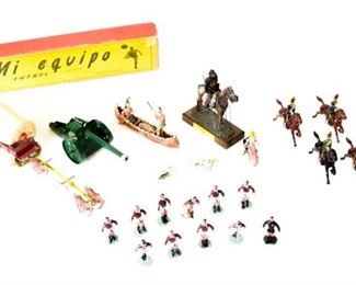 121	Grouping of Lead Toy Soldiers and Lead Figures	Mi equipo futbol in original box. 10 players and referee. Andrea 54 mm "Coracero de Alsina" 1876 mounted soldier Britains howitzer 5 Britains mounted soldiers "Made in England" covered wagon with horse team Lead horse Lead woman in a chair Native Americans in a Canoe
