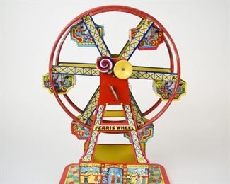 128	J Chein & Co Tin Litho Ferris Wheel	Tin litho Ferris Wheel By J. Chein & Company. In Overall Good Condition Consistent With Age And Use, With Rust Spotting To The Base. Measures Approximately 26" L X 4 1/2" W X "5" H
